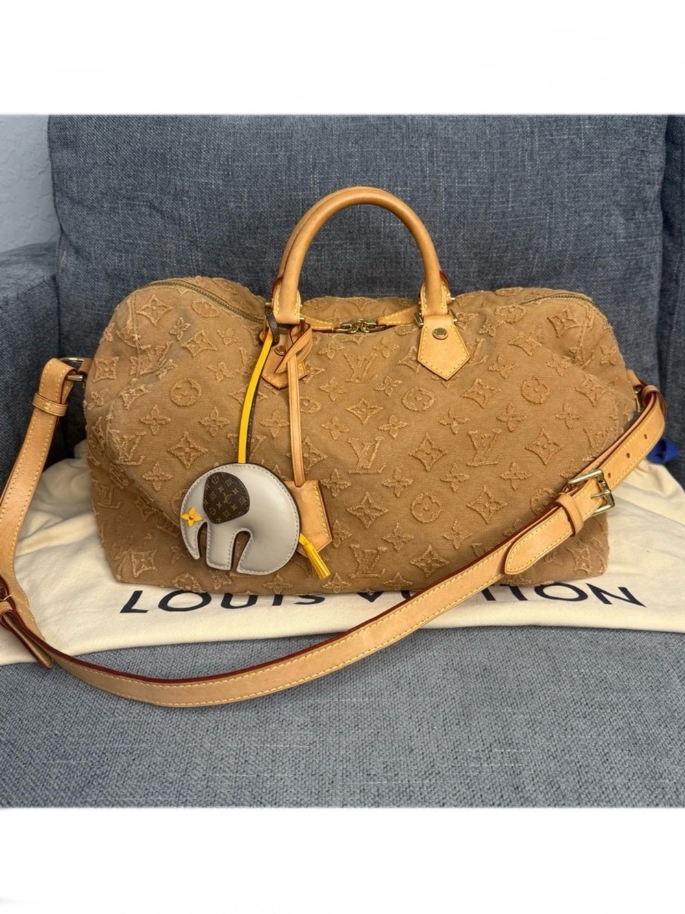 Louis Vuitton Speedy 35 bando Denim Monogram Stone wash Caramel